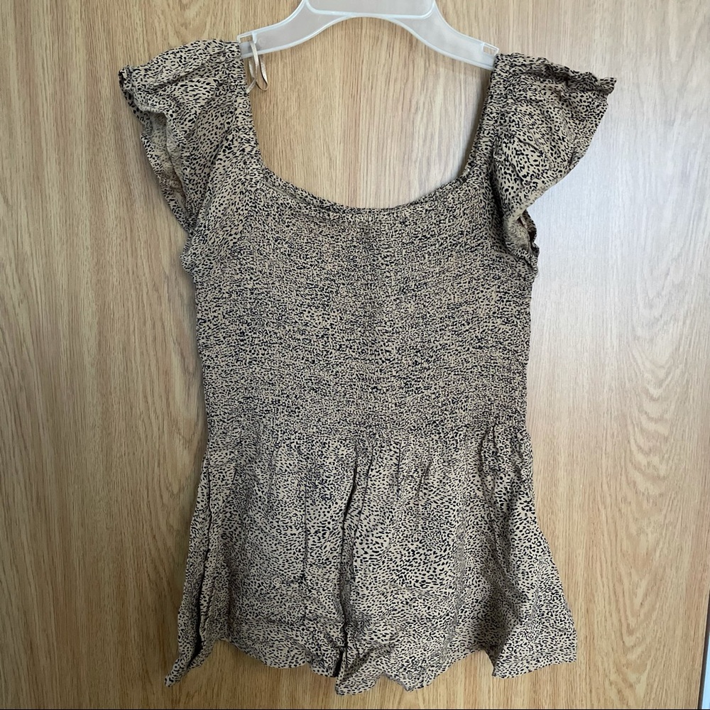 Square Neck short sleeve tan and black cheetah print blouse with ruffle sleeves